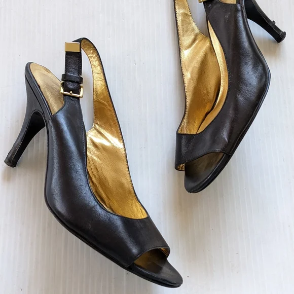 BANANA REPUBLIC women's black leather peep toe slingback heeled pumps - Picture 6 of 13